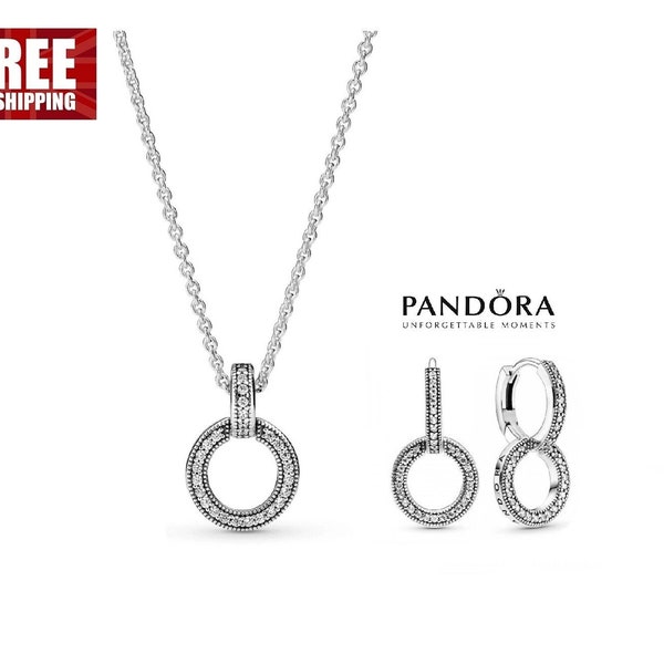 PANDORA New Double Circle Gift Set Everyday Elegance: 45cm Circle of Sparkle Necklace Paired with Sterling Silver Double Hoop Earrings
