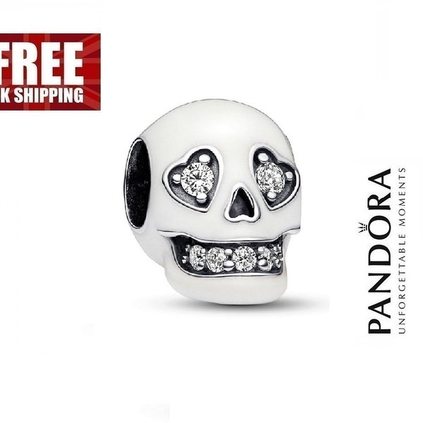 Pandora Glow-in-the-dark Skull Charm: Handmade Enamel with Unique Mouth and Heart-shaped Eyes Modern Engraved Trending Accent, Fast Shipping