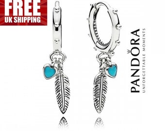 Turquoise Feather Silver Hoop Earrings, Pandora Earrings, Women Earrings, Dangle Earrings, Unique Earrings, Silver Women Jewellery, S925 ALE