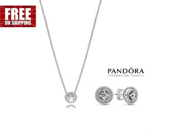 Pandora Sparkly Halo Gift Set Glimmering Combo: 45cm Round Halo Necklace Chain & Double Halo Cubic Zirconia Stud Earrings - S925 ALE