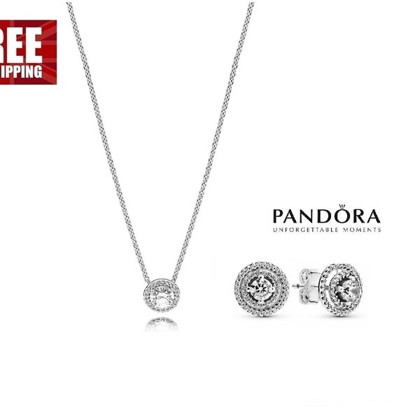 Pandora Sparkly Halo Gift Set Glimmering Combo: 45cm Round Halo Necklace Chain & Double Halo Cubic Zirconia Stud Earrings - S925 ALE
