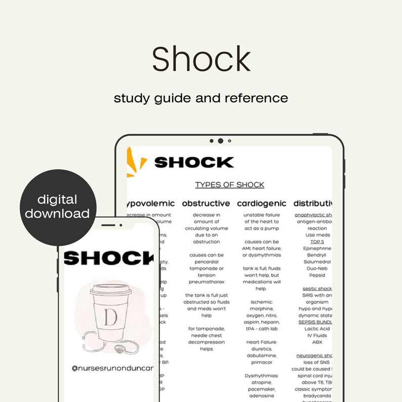 Shock Cheat Sheet Anaphylactic Shock Hypovolemic Shock Etsy