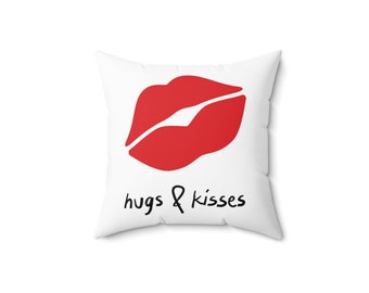 Red Lips Hugs and Kisses Spun Polyester Square Pillow