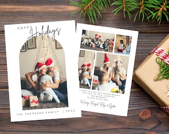 May include: A Christmas card featuring a family of four in a festive setting. The card has a white border and a black archway with the text "HAPPY Holidays" at the top. The family is wearing red Santa hats and smiling. The text at the bottom reads "THE SHEPHERD FAMILY | 2022".