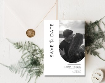 Modern Arched Photo Save The Date Card Template (Canva Editable, Instant Download)