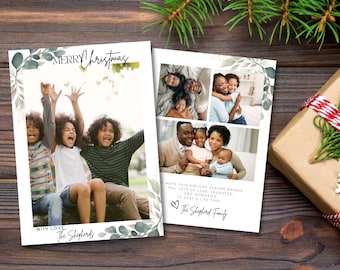 May include: A Christmas card featuring a collage of family photos. The card has a green and white watercolour design with the text "Merry Christmas" and "The Shepherd Family".