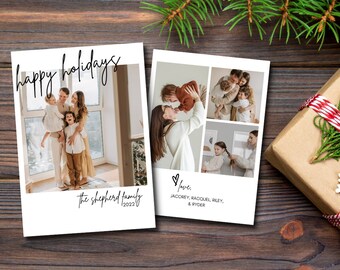 May include: A Christmas card with a photo collage of a family. The top photo shows a family of four standing together. The bottom photos show a couple holding a baby, a girl getting her hair done, and a couple holding a baby. The card reads "happy holidays" and "The shepherd family 2022". The bottom of the card reads "love, JACOREY, RACQUEL, RILEY, & RYDER".