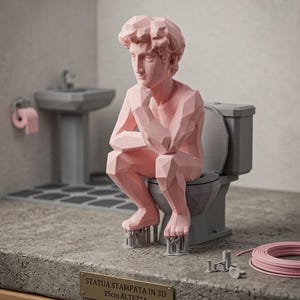 May include: A light pink, low-poly geometric statue of a seated figure resting on a gray toilet. The figure is posed with a hand to its chin. A small gold plaque at the base reads "STATUA STAMPATA IN 3D 15cm ALTEZZA". A roll of pink filament sits nearby.