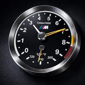 Op de afbeelding: Een ronde autometer met een zwarte wijzerplaat, zilverkleurige metalen rand en witte cijfers. Het instrument bevat een toerentellerschaal 1/minx1000, een olietemperatuurschaal in Fahrenheit, een centraal M-logo en twee dunne gele wijzers.