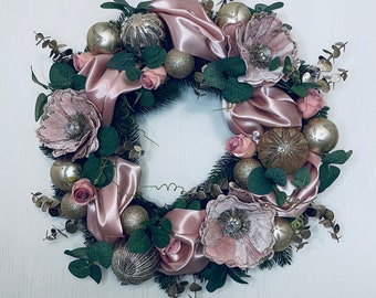 Dusky pink and champagne gold luxury christmas wreath