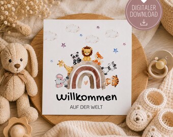 Welcome to the World Greeting Card | Baby Birth Card | Card with Rainbow & Animals | Baby Congratulations Card | Digital Download