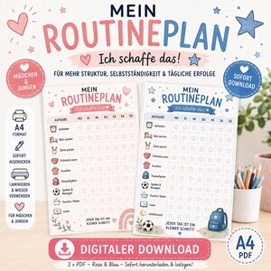 Op de afbeelding: Twee digitale routineplanners op A4-formaat in roze en blauwe kleurenschema's. Elke planner bevat een raster met dagelijkse taken, inclusief iconen voor opstaan, tandenpoetsen en huiswerk, met kolommen voor maandag tot en met zondag en sterretjes.