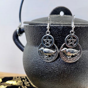 Raven Crow on Crescent Moon with Pentagram Hanging Antique Silver Dangle Charm Earrings Wicca Celtic Gift Whimsigoth