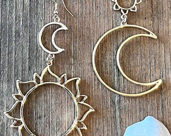 Moon and Sun Gold cut out Dangle Charm Earrings Goth Great Gift Whimsygoth Cottagecore Mystical Celestial Fairycore