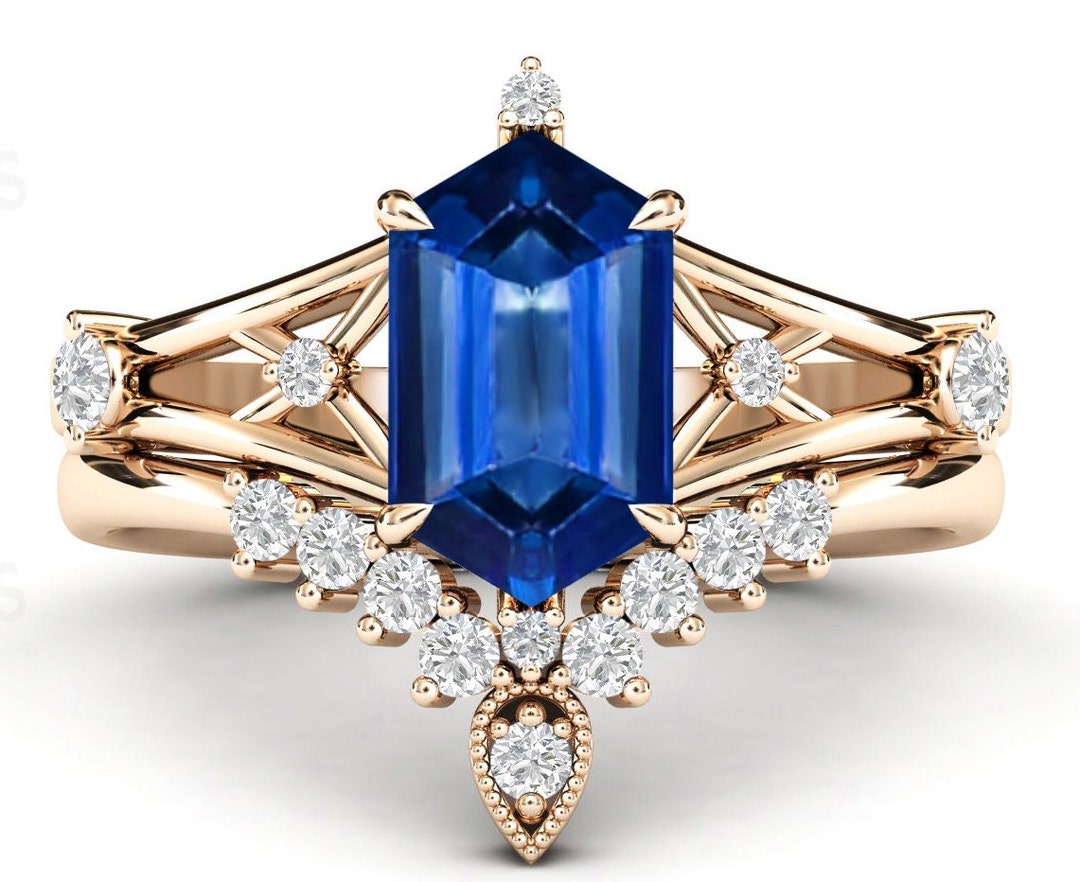Vintage Blue Sapphire Engagement Ring Set Hexagon Shape Blue Gemstone Wedding Ring Set Antique 2