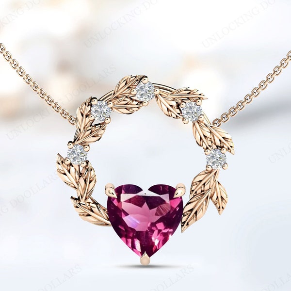 Raspberry Rhodolite Garnet Pendant For Women Unique Leaf Design Necklace Vintage Heart Shaped Garnet Pendant 925 Silver Statement Pendant