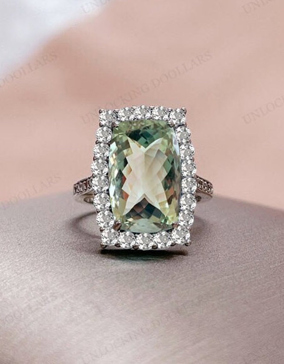 Elongated Cushion Cut Green Amethyst Engagement Ring Vintage Amethyst