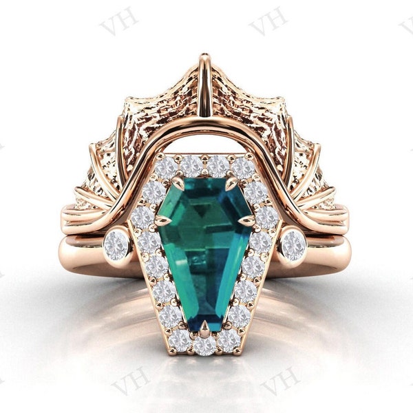 Color Changing Teal Sapphire Wedding Ring Set For Women Coffin Shaped Sapphire Bridal Ring Set Art Deco Engagement Ring Set Anniversary Gift