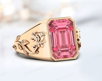 1 de un tipo Padparadscha anillo de bodas para hombres 14K oro rosa Padparadscha Signet anillo esmeralda corte Padparadscha piedra preciosa anillo regalo de aniversario