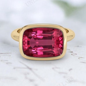Elongated Cushion Cut Ruby Engagement Ring For Women 14K Gold Ruby Wedding Ring Bezel Set Ring For Her East West Ruby Solitaire Bridal Ring