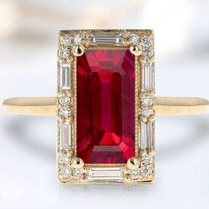 Emerald Cut Ruby Wedding Ring For Women Art Deco Ruby Halo Bridal Ring 14K Gold Ruby Engagement Ring Unique Promise Ring Anniversary Gift