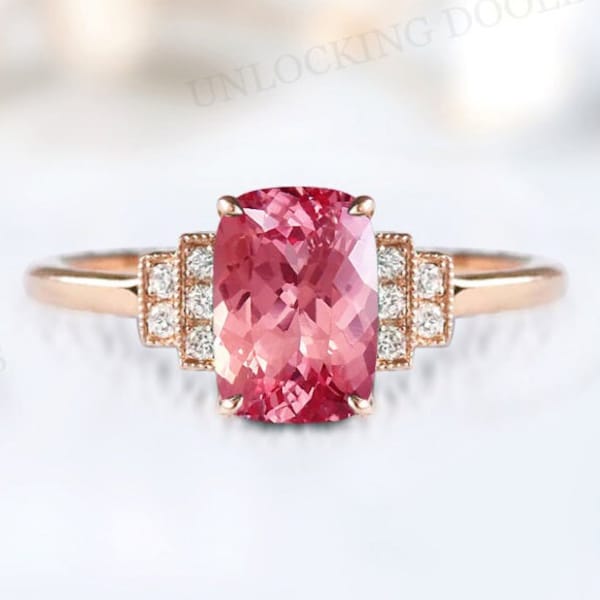 Antique Padparadscha Sapphire Engagement Ring For Women Vintage Elongated Cushion Shaped Padparadscha Bridal Ring Unique Anniversary Gift