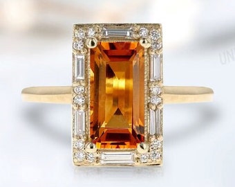 Vintage Maderia Citrine Engagement Ring 14K Gold Citrine Wedding Ring Art Deco Bridal Ring Antique Style Ring For Women Anniversary Gift