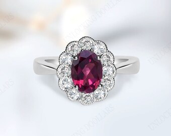 Vintage Rhodolite Garnet Engagement Ring 925 Sterling Silver Garnet Bridal Ring Art Deco Halo Wedding Ring Unique Promise Ring For Women