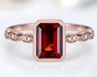 Art Deco Unique Red Garnet Engagement Ring For Women Vintage Emerald Cut Garnet Wedding Ring 14K Gold Garnet Engagement Ring Gift For Her