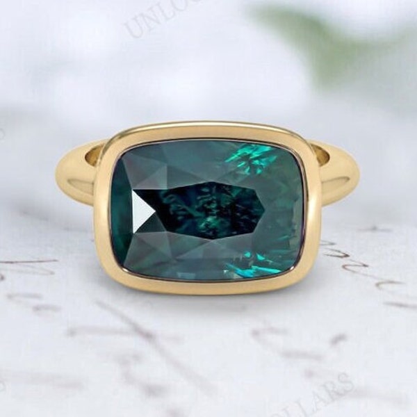 Elongated Cushion Cut Teal Sapphire Engagement Ring Color Changing Teal Sapphire Wedding Ring Vintage Bridal Ring East West Ring For Women