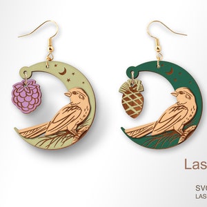 Bird, berry and pinecone earring laser cut file, earring DIGITAL DOWNLOAD FILE