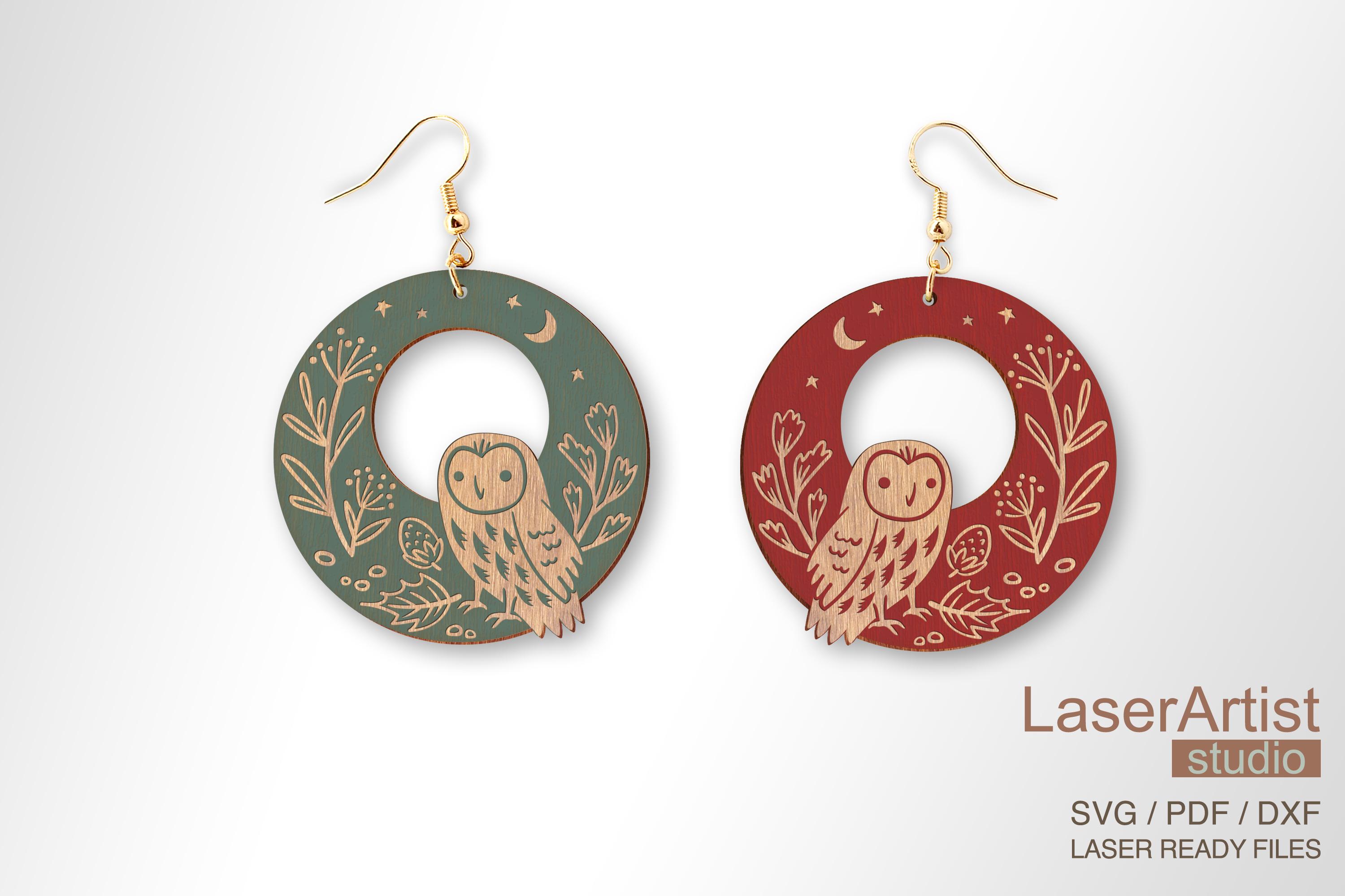 Owl in forest earring laser cut file, earring DIGITAL DOWNLOAD FILE