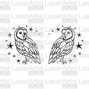 May include: A black and white illustration of two owls perched on crescent moons with stars surrounding them.