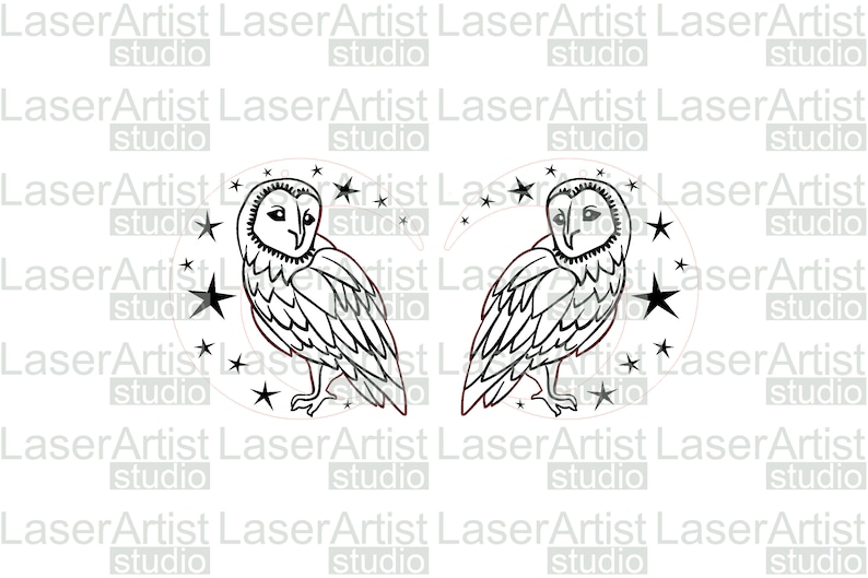 May include: A black and white illustration of two owls perched on crescent moons with stars surrounding them.