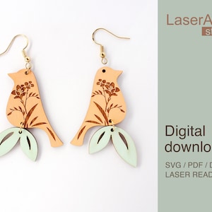 Bird and flowers earring laser cut file, earring DIGITAL DOWNLOAD FILE, earring for bird lover