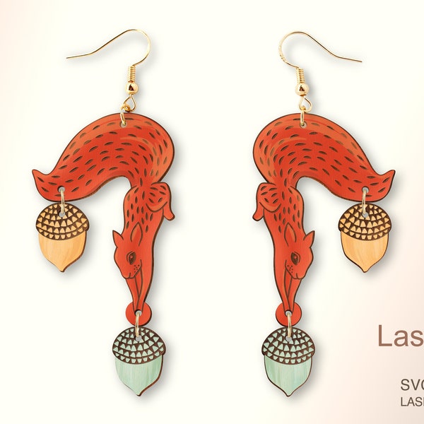 Squirrel with oak earring laser cut file, earring DIGITAL DOWNLOAD FILE, present for squirrel lover