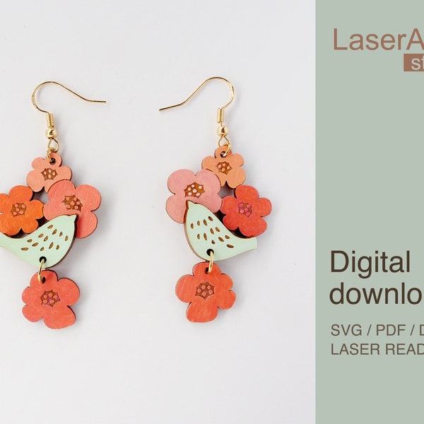 Bird and flowers earring laser cut file, earring DIGITAL DOWNLOAD FILE, earring for bird lover
