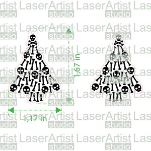 May include: Two black and white Christmas tree ornaments shaped like a Christmas tree with skulls and crossbones and bone designs. The ornaments are 1 1/7 inches wide and 1 6/7 inches tall.