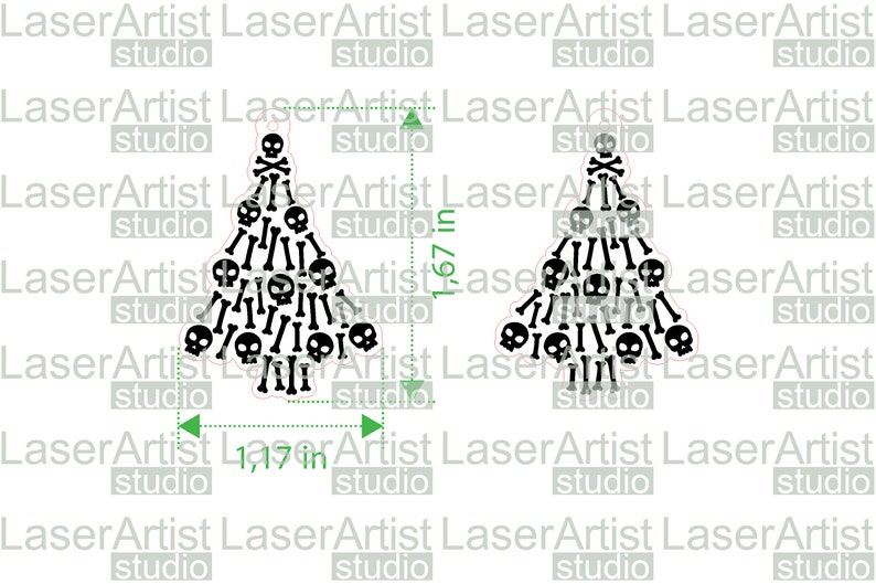 May include: Two black and white Christmas tree ornaments shaped like a Christmas tree with skulls and crossbones and bone designs. The ornaments are 1 1/7 inches wide and 1 6/7 inches tall.