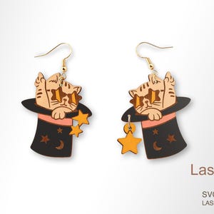 Dancing cat and magic hat earring laser cut and engrave file, Earring DIGITAL DOWNLOAD FILE
