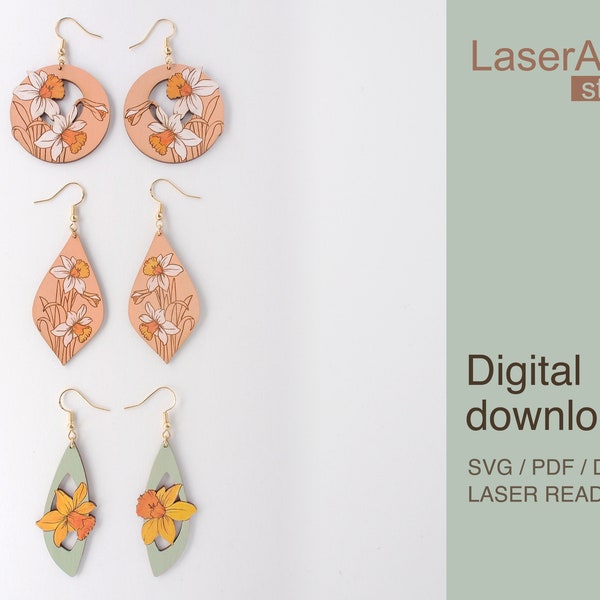 Bundle of daffodil earring laser cut file, earring DIGITAL DOWNLOAD FILE