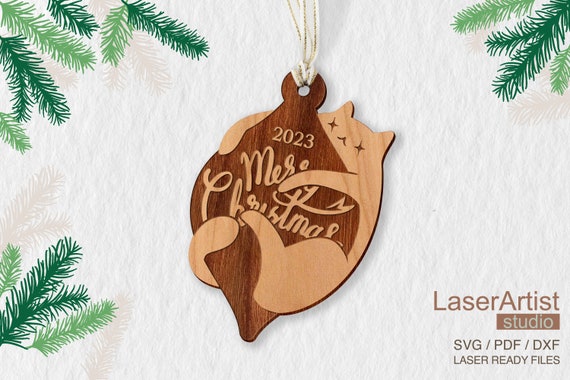 Cat and Christmas ornament laser cut file, ornament DIGITAL DOWNLOAD FILE