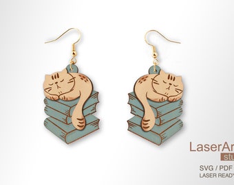 Cat and Book Earrings, Laser Cut File (Digital Download)