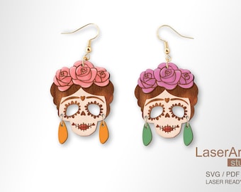 Frida skull earring laser cut file, earring DIGITAL DOWNLOAD FILE
