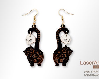 Cat and skull earring laser cut and engrave file, Earring DIGITAL DOWNLOAD FILE, earring for Halloween
