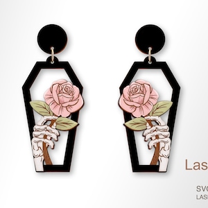 Archivo de corte láser para aretes con forma de mano de esqueleto y ataúd de rosa, archivo de descarga digital para aretes