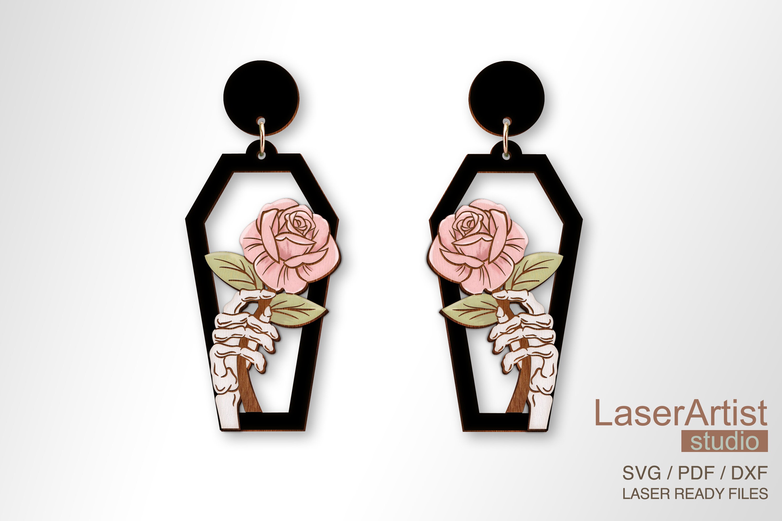 Skeleton hand and rose coffin shape earring laser cut file, earring DIGITAL DOWNLOAD FILE
