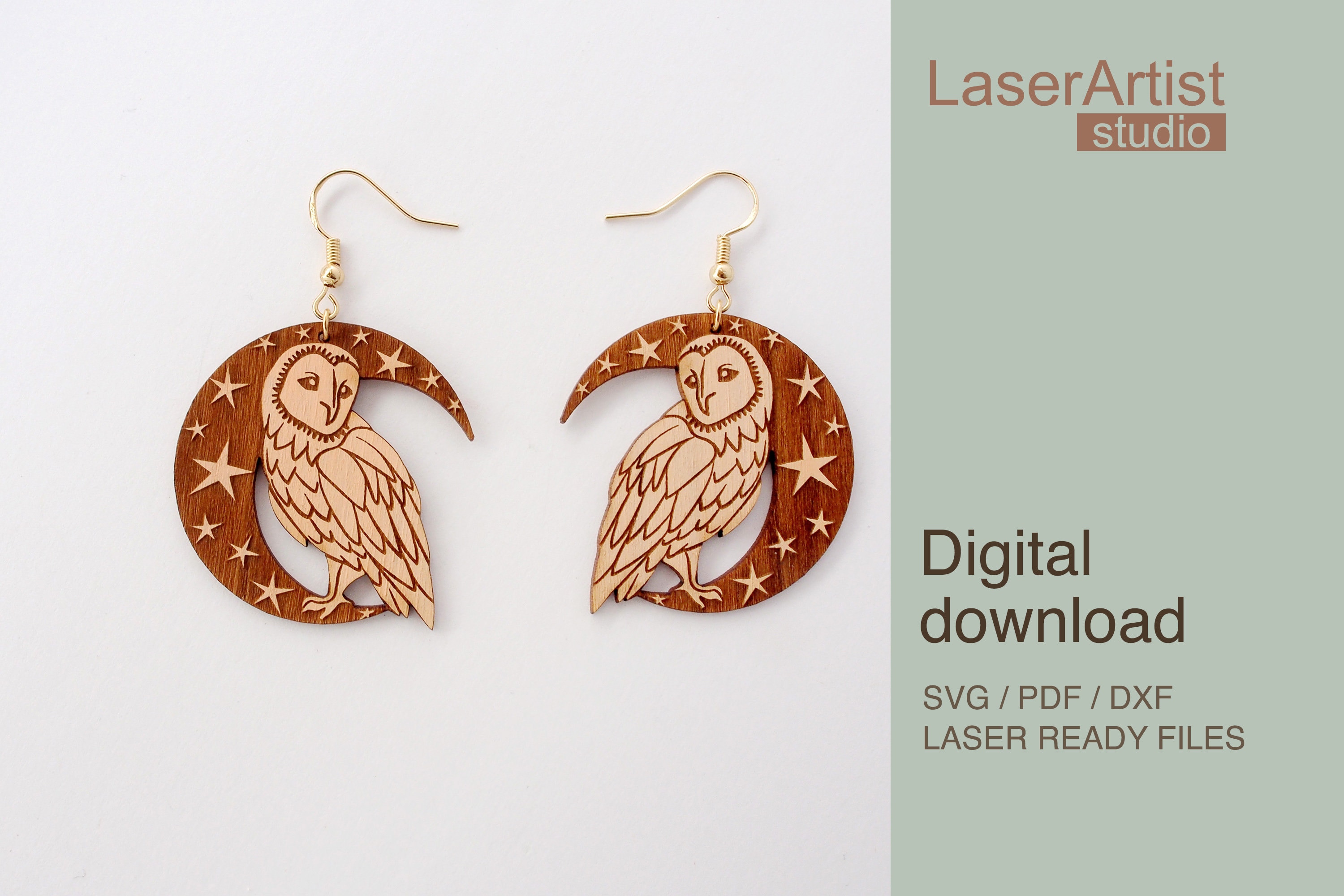 Owl and crescent laser cut file, earring DIGITAL DOWNLOAD FILE