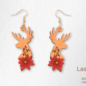 Deer and poinsettia earring laser cut file, earring DIGITAL DOWNLOAD FILE, Christmas earring