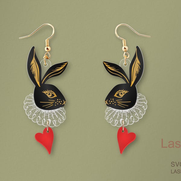 Fichier découpé au laser de lapin avec coeur, boucle d'oreille FICHIER DE TÉLÉCHARGEMENT NUMÉRIQUE